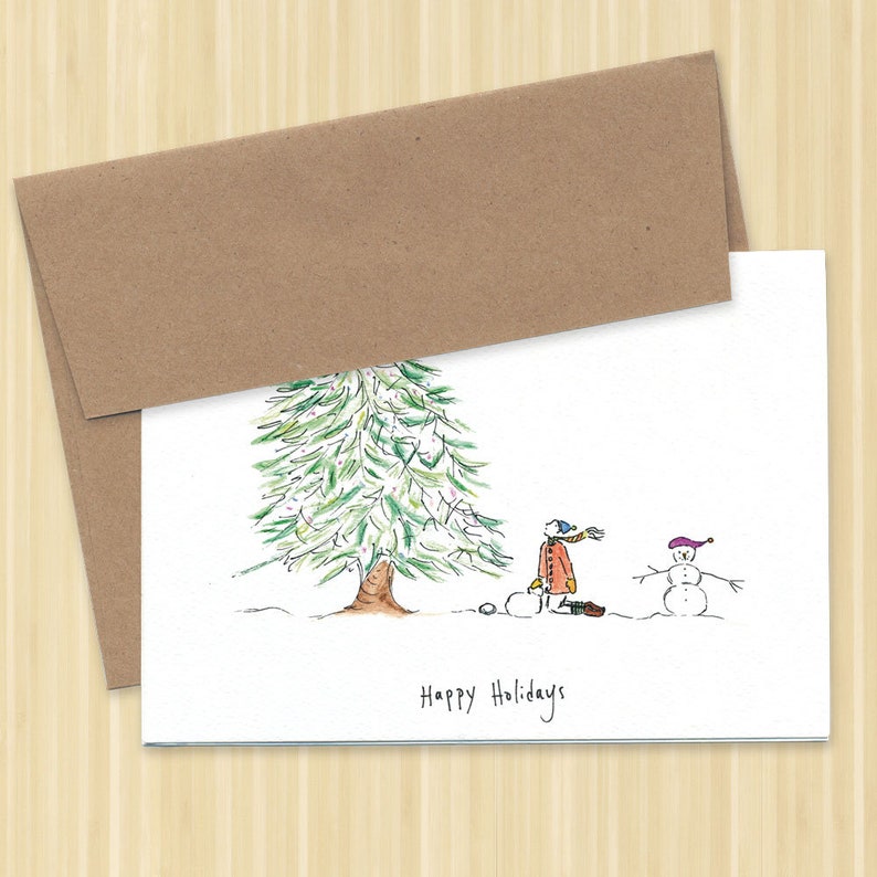 Six card pack, Happy Holidays, snowman greeting card, Christmas tree and snowman greeting card image 2