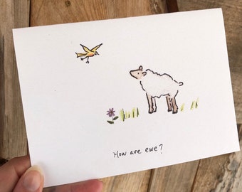 Hello Card. Sheep Card. Long Distance Card. Friendship Card. How are Ewe? Cute Sheep Card. Thinking Of You Card. Blank Hello Card.Hand Drawn