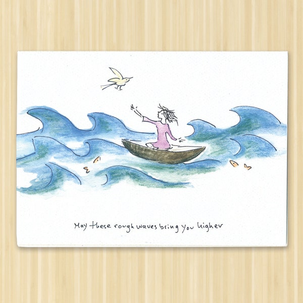 Sympathy Card. Ocean Card. Condolence Card. Ocean Waves. Woman In Boat. Encouragement Card. Well Wishes Card. Friendship Card. Hand Drawn.