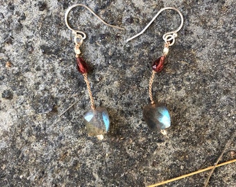 Labradorite earrings, Garnet earrings, drop earrings, silk earrings