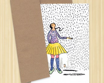 Rainy day greeting card, hope card, mouse card, rain card