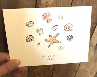 Encouragement. Encouragement Card. Starfish. You're a Star. Inspirational Card. Starfish Card. Greeting Card. Birthday Card. Hand Drawn Card