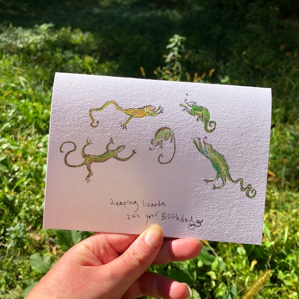 Lizard birthday card, Lizard card, Happy birthday, iguana birthday card, Hand drawn birthday card