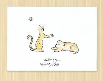 Sending Healing Vibes. Get Well Card. Cat Card. Dog Card. Thinking Of You Card. Card For Friend. Cute Get Well Card. Cat Lover. Dog Lover.