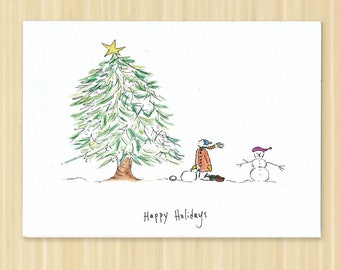 Six card pack, Happy Holidays, snowman greeting card, Christmas tree and snowman greeting card
