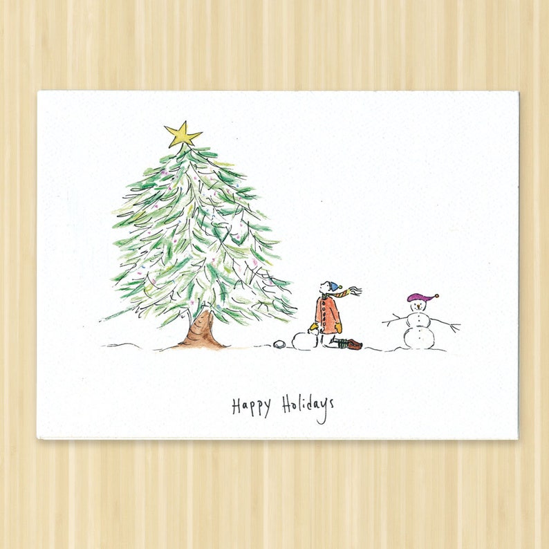 Six card pack, Happy Holidays, snowman greeting card, Christmas tree and snowman greeting card image 1