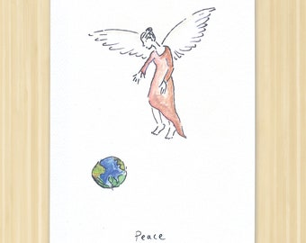 10 Pack! Peace. Angel. Christmas card. Angel Card. Angel Watching Earth. Earth Day. World Peace. Angel Art. Inspirational Card. Blank Card.