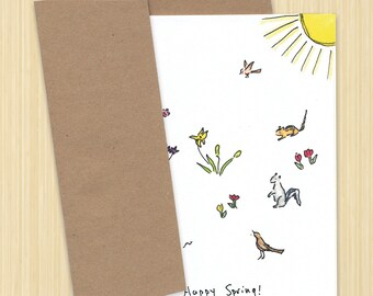 Happy Spring Card. Spring Greeting Card. Flower Card. Woodland Creatures. Welcome Spring Card. Floral Card. Nature Card. Animal Card.