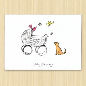 Baby Shower Card: Hand-Drawn Carriage, Bird & Pup