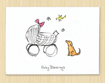 New Baby. New Baby Card. Baby Carriage. Baby Shower Card. Baby Announcement. Welcome Baby Card. Baby Congratulations. Hand Drawn. Blank Card