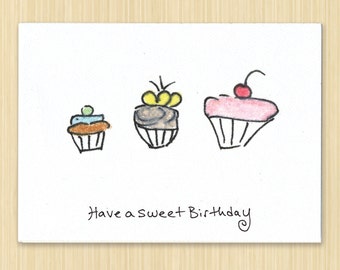 Birthday Card. Cupcake. Cupcake Card. Cupcake Birthday. Greeting Card. Handmade Card. Birthday Cupcakes. Cute Birthday Card. Hand Drawn.