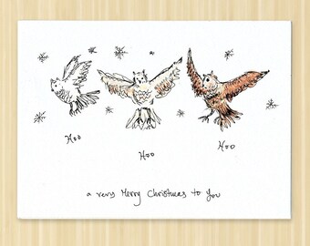 Owl Holiday card, Pack of 5, snowy holiday card, snowing Christmas card, owl card
