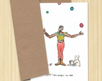Juggling greeting card, circus card, Strong man card, rabbit card