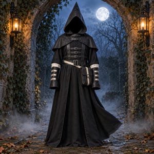 May include: A black hooded robe featuring a structured bodice with four horizontal buckle straps, a waist belt with an attached pouch, and long sleeves with white-accented cuffs featuring three buckle straps, all presented in a dark, full-length design.