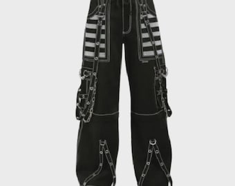 Handmade Gothic unisex Baggy Bondage Pants – Black & White Tripp Style Emo Punk Rock Pants with Straps