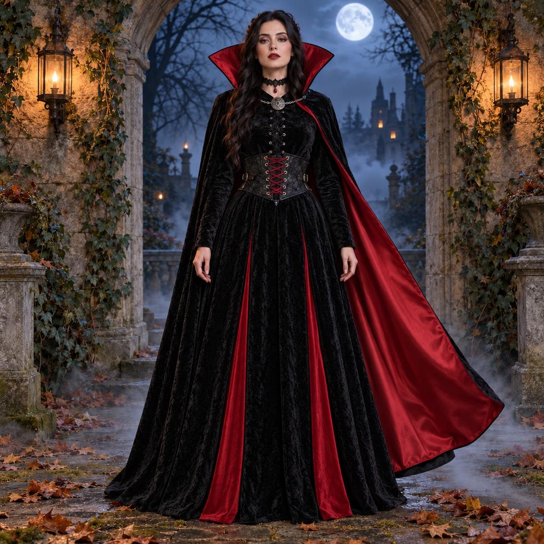 Gothic Vampire Dress Set | Black Velvet Victorian Gown & Red Cape