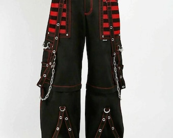 Handmade Gothic Tripp Style Black Red Bondage Pants | Punk Rock Baggy Chains Trousers | Alternative Goth Rave Streetwear