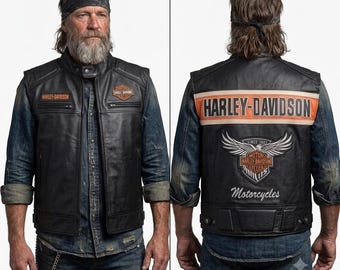 Vintage heren zwart rundleer bikervest, geborduurde adelaar patch motorfiets gilet, klassieke cruiser rijkleding, cadeau voor hem