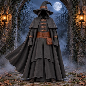 May include: A dark gray hooded cloak and matching pointed hat featuring brown leather straps with brass buckles. The garment includes a wide brown leather belt with a small attached pouch, long sleeves, and a layered, floor-length skirt design.
