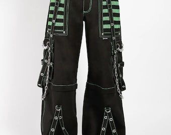 Handmade Gothic Tripp Style Black Green Bondage Pants | Punk Rock Baggy Chains Trousers | Alternative Goth Rave Streetwear