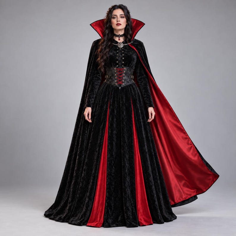 Gothic Vampire Dress Set | Black Velvet Victorian Gown & Red Cape