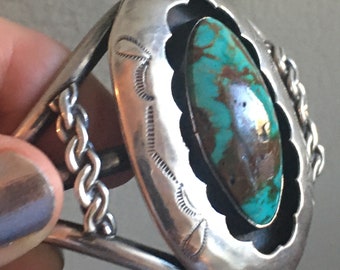 NATIVE AMERICAN signed Ruth Sandoval Large 2 Inch Wide 925 Royston Turquoise STERLING Silver 55.8 Grams Cuff Bracelet