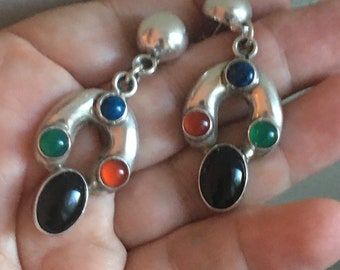 925 MEXICO STERLING SILVER Gemstones Black Onyx Blue Lapis Red Carnelian Green Jade 24.4 Grams Studio Piece Earrings