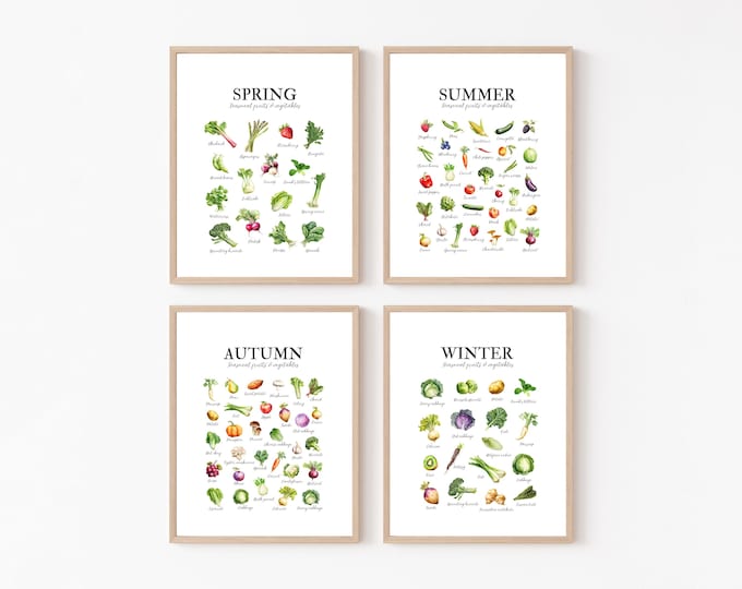Seasonal Fruit and Vegetables print | 4 Seasons wall art | Kitchen decor | Seasonal food posters | Local produce chart | Botanical prints