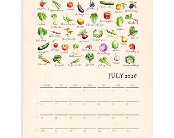May include: A wall calendar for July 2026, with a spiral binding, showcasing watercolour illustrations of fruits and vegetables. The calendar includes a list of produce names and the days of the week.