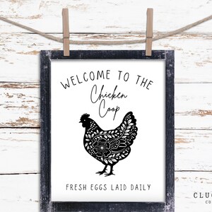 Könnte beinhalten: Ein gerahmtes Schild mit schwarzem Rahmen hängt an einer Wäscheleine. Auf dem Schild steht "WELCOME TO THE Chicken Coop" über einer schwarz-weißen floralen Hühnerillustration. Darunter steht "FRESH EGGS LAID DAILY".