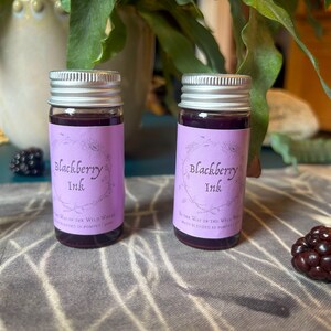 Op de afbeelding: Twee kleine glazen flessen Blackberry Ink met zilveren deksels en paarse etiketten. De etiketten bevatten de tekst "Blackberry Ink" en een bloemmotief. Een verse braam ligt in de buurt. De flessen staan op een stoffen patroon.