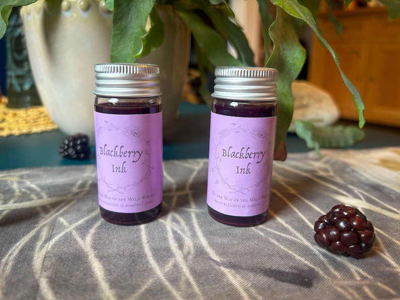 Op de afbeelding: Twee kleine glazen flessen Blackberry Ink met zilveren deksels en paarse etiketten. De etiketten bevatten de tekst "Blackberry Ink" en een bloemmotief. Een verse braam ligt in de buurt. De flessen staan op een stoffen patroon.