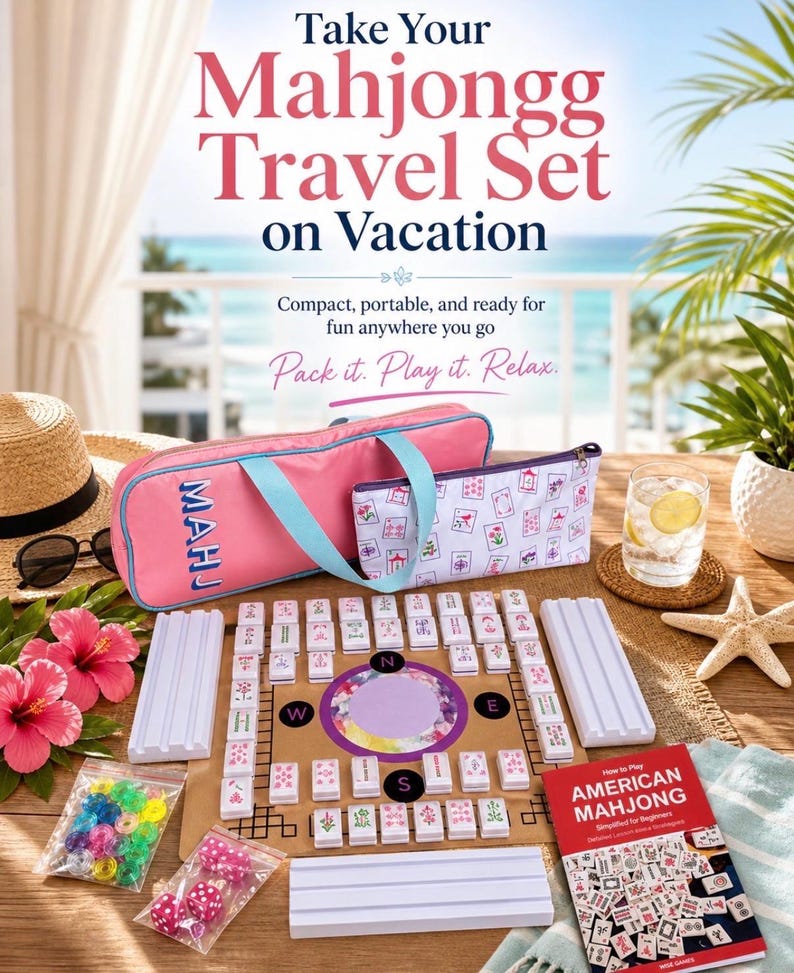 May include: A Mahjongg travel set with a pink carrying case, tiles, and accessories. The set includes a board, dice, and a book titled "How to Play American Mahjong". The image also shows a straw hat, sunglasses, and a drink.