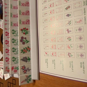 May include: A Mahjong tile set with white tiles featuring various symbols, including Jokers, flowers, and Chinese characters. A game guide is visible with tile illustrations and labels. The set is on a wooden surface.