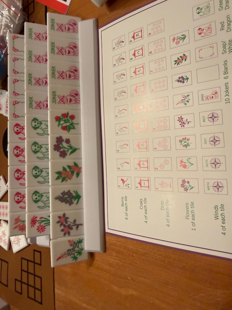 May include: A Mahjong tile set with white tiles featuring various symbols, including Jokers, flowers, and Chinese characters. A game guide is visible with tile illustrations and labels. The set is on a wooden surface.