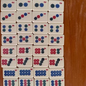 K&ouml;nnte beinhalten: Eine Sammlung rechteckiger Mahjong-Steine. Jeder Stein ist wei&szlig; mit schwarzen, roten und blauen Symbolen und Zahlen. Die Steine sind auf einer Holzoberfl&auml;che angeordnet und zeigen verschiedene Kombinationen aus Punkten und Zeichen.