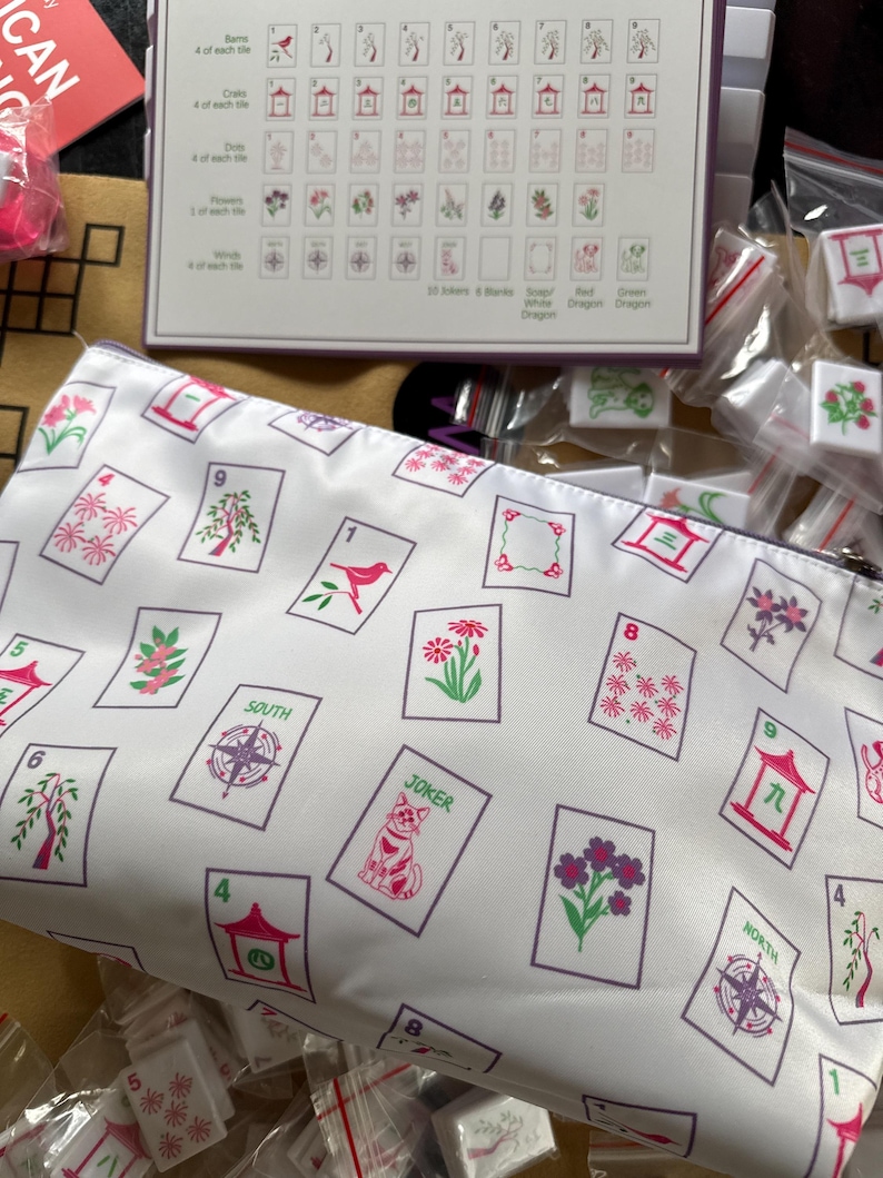 May include: A white cosmetic bag with a repeating pattern of Mahjong tiles in pink and green. The tiles feature various symbols, numbers, and the word "JOKER". A Mahjong tile set and game instructions are also visible.