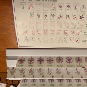 May include: A close-up of a Mahjong set with tiles displaying compass rose, bamboo, and other symbols. The set includes tiles marked "East", "West", "North", and "South". A reference chart with tile illustrations is also visible.