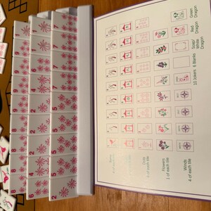 May include: A white Mahjong tile set with pink floral designs and numbers. The set includes tiles with various symbols and characters, along with a reference card. The game is displayed on a wooden surface.