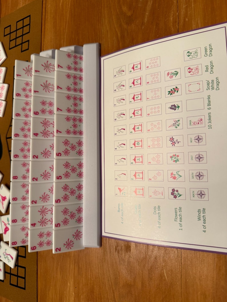May include: A white Mahjong tile set with pink floral designs and numbers. The set includes tiles with various symbols and characters, along with a reference card. The game is displayed on a wooden surface.