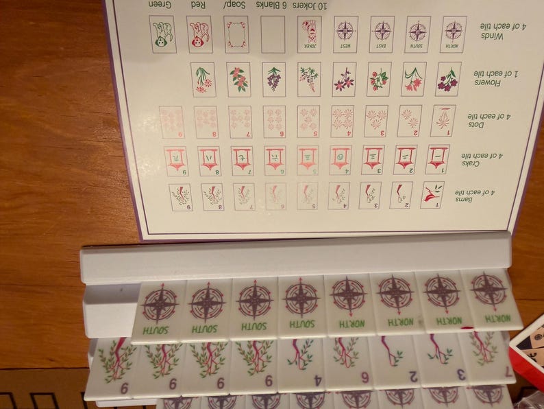 May include: A close-up of a Mahjong tile set. The tiles are white with various symbols and numbers. The set includes tiles with compass rose designs, bamboo, and other suits. A reference sheet is visible.
