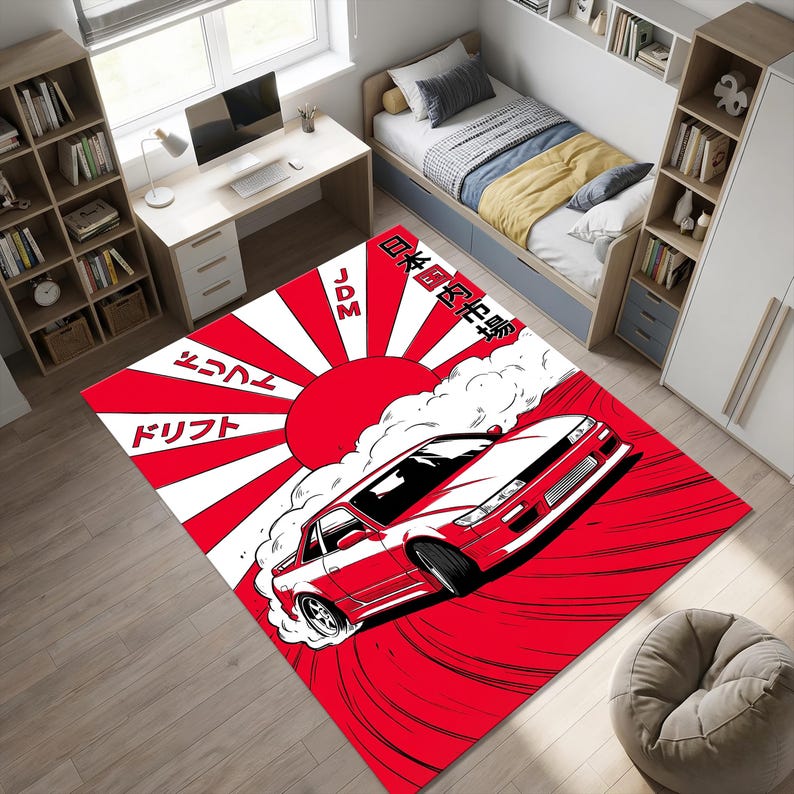 JDM Drift Car Area Rug | Japanese Rising Sun Sports Car Mat | Red and ...