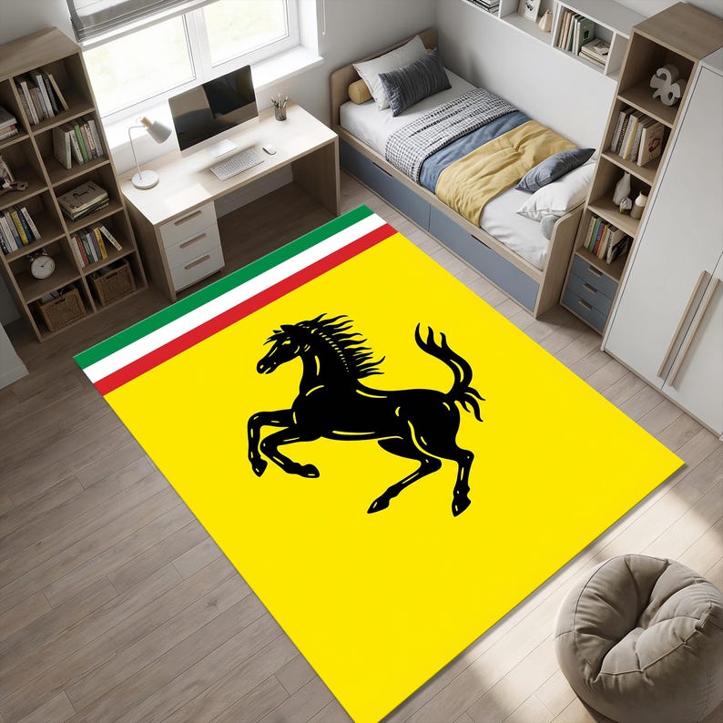 Rectangular Rug Emblem Ferrari Car Logo Area Rug | Prancing Horse Yellow Racing Floor Mat ...