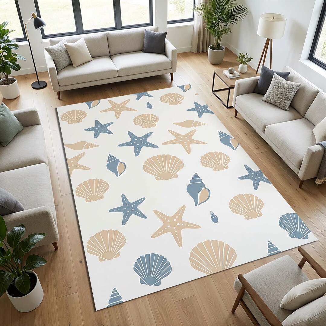 Seashell Oval Rug Coastal Sea Shells Area Rug | Nautical Starfish Pattern Floor Mat ...