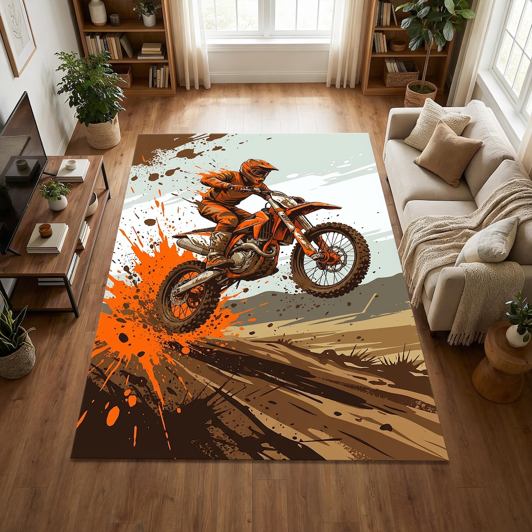 Mtb Rugs Motocross Dirt Bike Area Rug | Orange Motorcycle Action Floor Mat ...