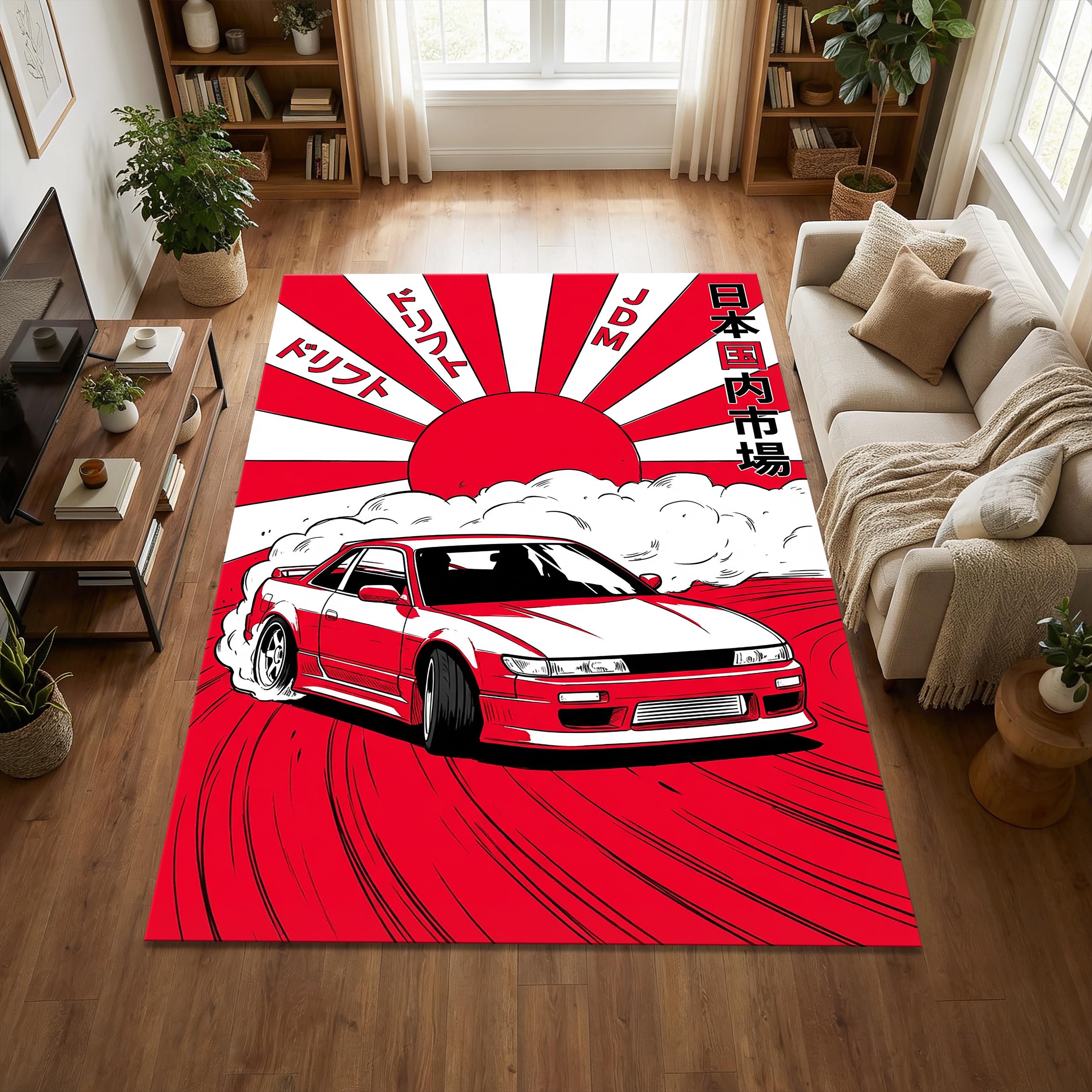 JDM Drift Car Area Rug | Japanese Rising Sun Sports Car Mat | Red and ...