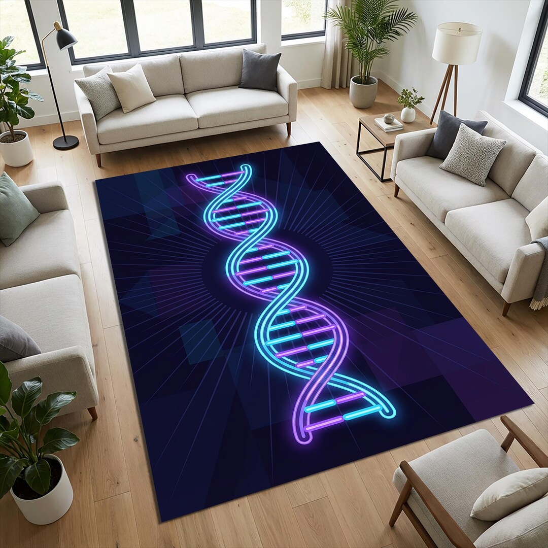 A Science Lab Rug Neon DNA Helix Area Rug | Futuristic Science & Medical Floor Mat ...
