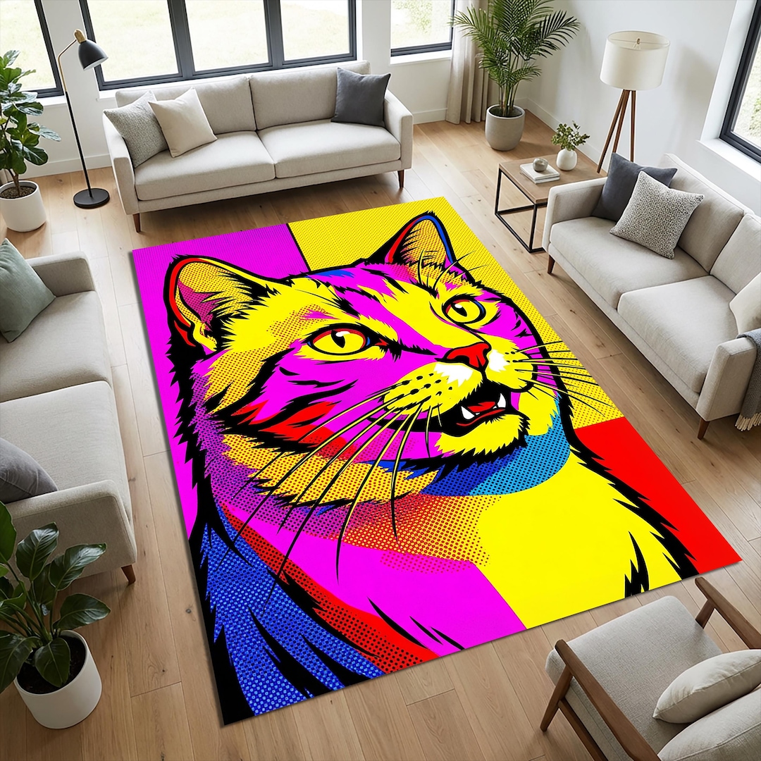 Cat Rug Design Vibrant Pop Art Cat Rug | Colorful Feline Portrait Area Mat | Modern ...