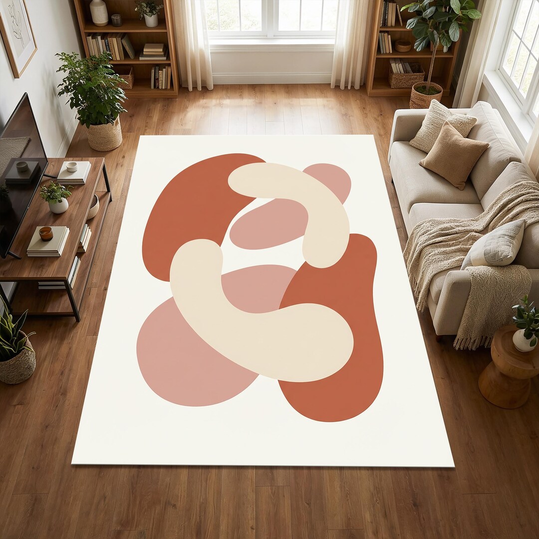 Minimalist Abstract Organic Shapes Area Rug | Terracotta and Blush Pink ...