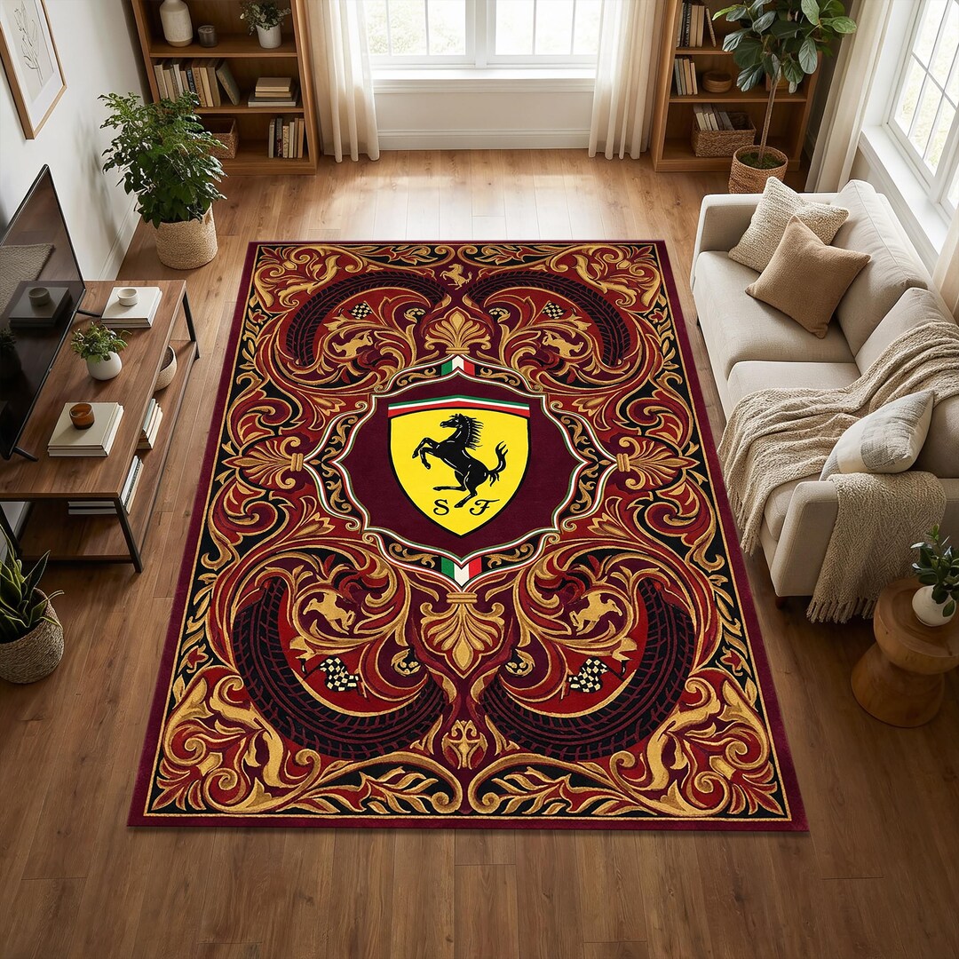Ferrari F1 Area Rug | Ornate Red and Gold Baroque Floor Mat | Scuderia ...